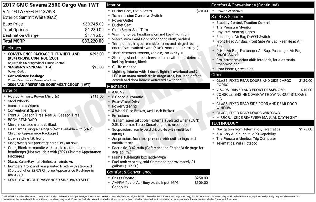 2017 GMC Savana Cargo 2500 CARGO